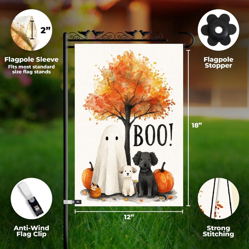 KarvePro Happy Halloween Garden Flag – Ghost with Dogs and Pumpkins Design, 12x18 Double Sided Burlap Yard Flag for Fall Outdoor Decoration, Weatherproof - Image 3